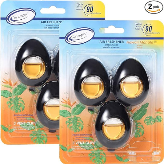 Air Jungles Car Air Freshener Vent Clip 3 Count (Pack of 2), Hawaii Mahalo Scent, 4 ml Each, Long-Lasting Car Odor Eliminator, Easy Clip-On Design, Up to 180 Days Freshness for Cars, Trucks, and SUVs