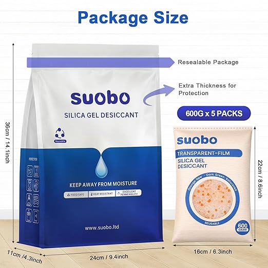Transparent Film Desiccant Packs for Storage, 5 Packs 600 Gram Large Silica Gel Packets Reusable, Color Indicating Moisture Absorbers, Dehumidifier for Car, Safe, 3D Filaments, Closet