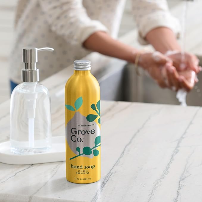 Grove Co. Hydrating Gel Hand Soap Refills (2 x 13 Fl Oz) + 1 x Reusable Glass Soap Dispenser, Refillable Liquid Hand Soap Starter Kit, Natural Lemon & Eucalyptus Fragrance