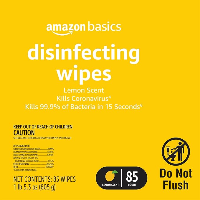 Amazon Basics Disinfecting Wipes, Lemon Scent, Thick All Purpose Cleaning Wipes, Sanitizes/Cleans/Disinfects/Deodorizes, 85 Count
