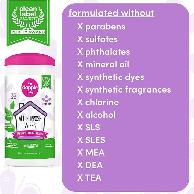 Dapple Baby All Purpose Wipes, Plant Powered, Hint of Lavender, Hypoallergenic, 75 Count Canister + 30 Count