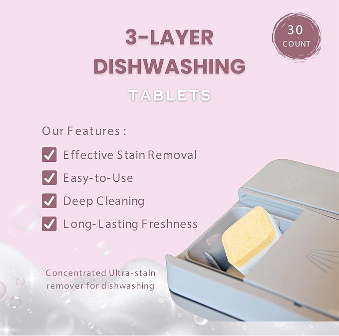 3 - Layer Dishwashing Tablets, 30 Tablets - Effective Stain Removal, Easy-to-Use, Deep Cleaning, Long-Lasting Freshness for Dishes