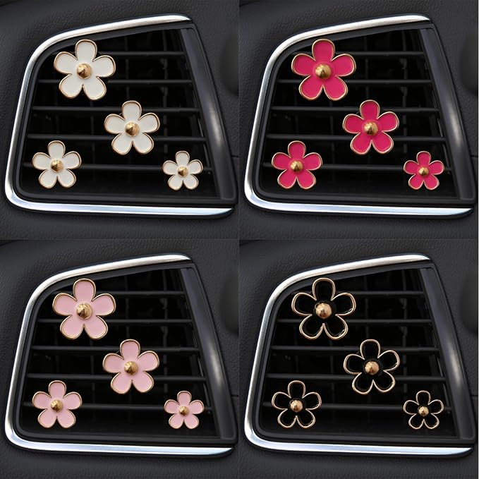 Daisy Air Vent Clips, 4 Pcs Cute Flower Car Air Conditioning Outlet Clip Car Air Freshener Clip Charm Car Inter Decor Accessories for Women (Red)