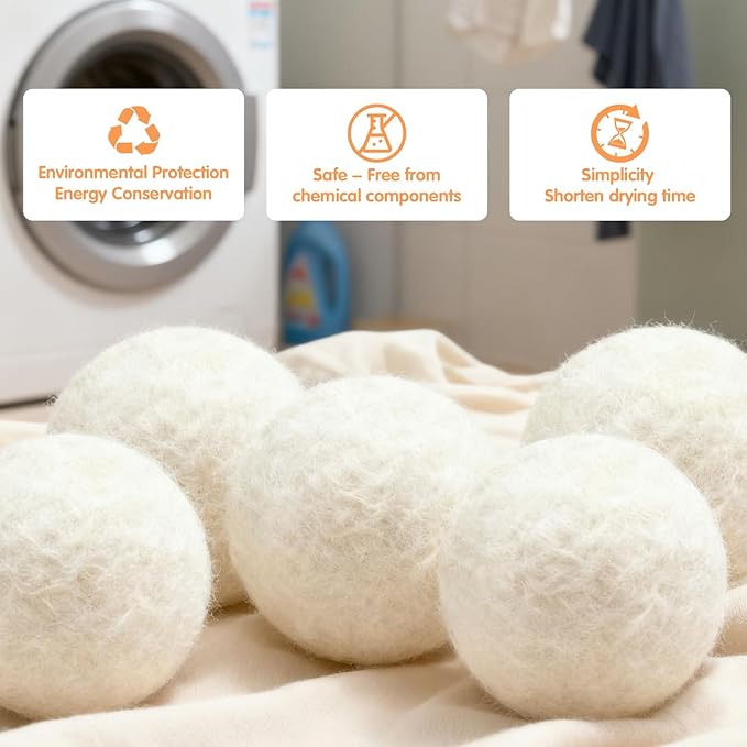 100% Pure New Zealand Wool Dryer Balls, 6-Pack - Natural Fabric Softener Alternative, Reduce Static, Soften Clothes, Shorten Drying Time & Absorb Lint (White)