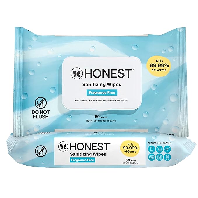 The Honest Company Fragrance-Free Sanitizing Alcohol Wipes, Antibacterial, Safe for Hands Kills 99% of Germs, Made With Aloe, 100 Count, (2 Packs 50)