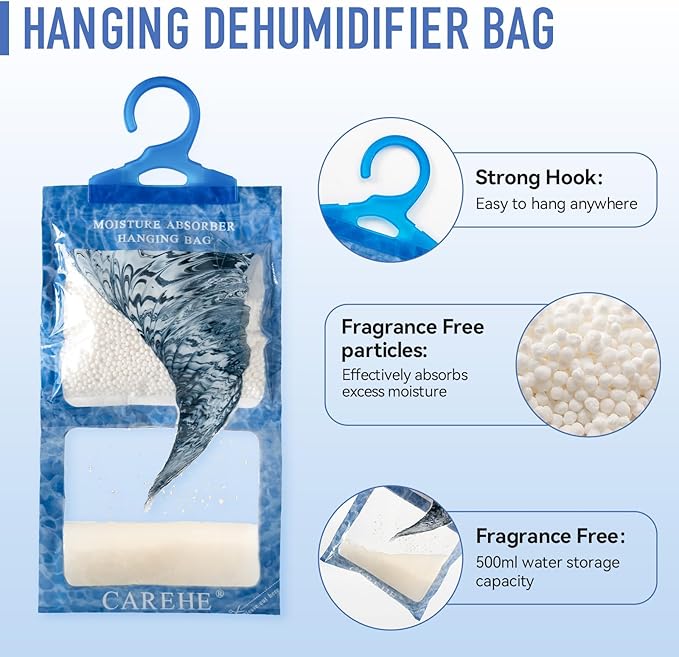 Hanging Moisture Absorbers Bags, Effective Dehumidifiers for Closet, Wardrobe & Bedroom, Absorbs Excess Humidity, Prevents Dampness & Odor, Easy to Use & Long-Lasting Fragrance-Free