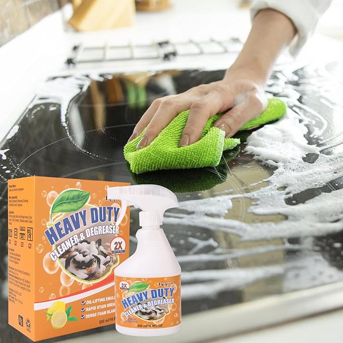 500ml Powerful Kitchen Degreaser Foam Spray – Heavy Duty Cleaning Spray - For Stubborn Splatters, Stove Top, Grill, Drip Pans, & Oven - On All Surfaces ，Lemon Fresh Scent
