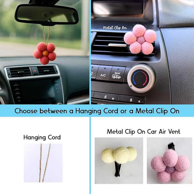 Daisy Flower Car Vent Clip, Essential Oil Wool Diffuser, Car Air Freshener, or Hanging, Natural Auto Freshener, Aromatherapy, Closet Sachet