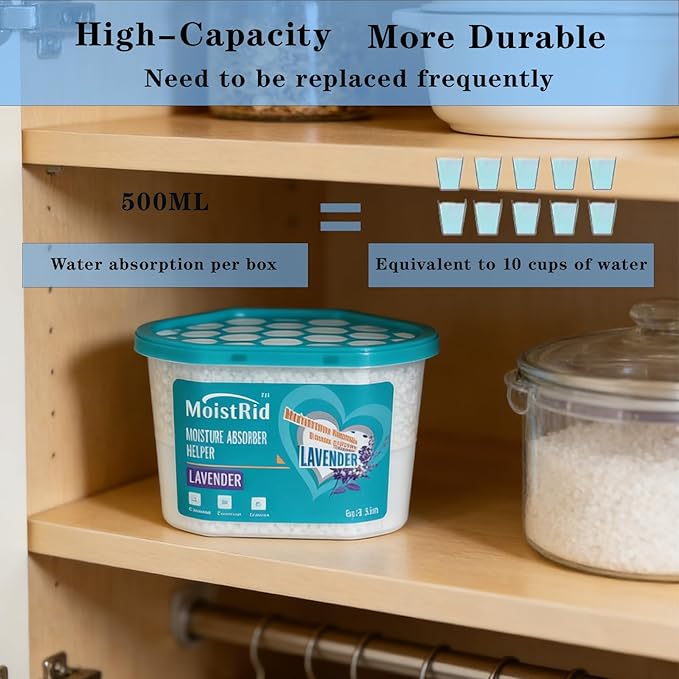 Moisture Absorbers Buckets,10 Pack,Portable Humidity Absorber Boxes for Your Bathroom,Basement, Closet & Car,Dehumidifier with Lavender Fragrance (Capacity 500 Milliliters/Box ；10 Boxed Items)