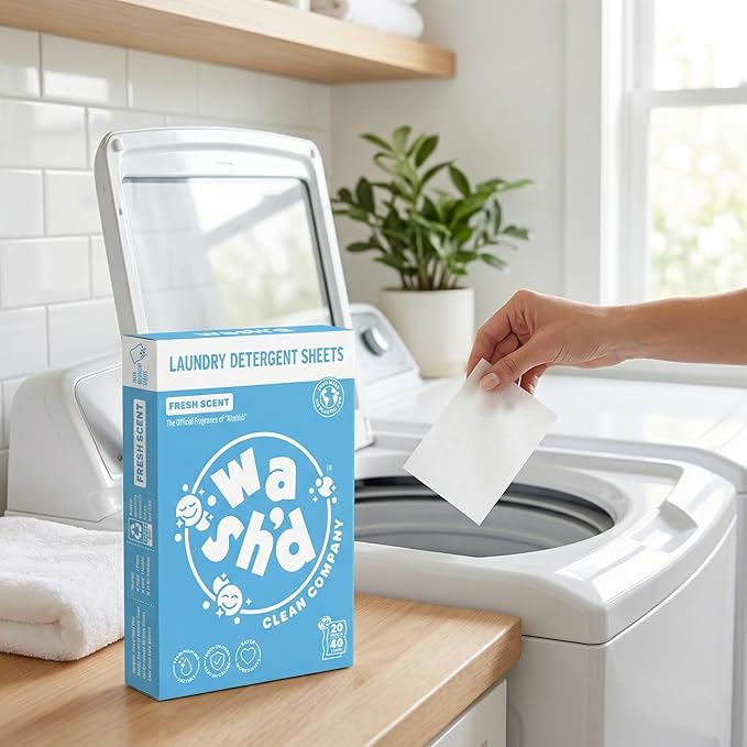 Wash'd Laundry Detergent Sheets - 100 Loads - Non Toxic Stain Fighting Enzymes - Plastic Free Travel Friendly Drawer Box - Sea Breeze