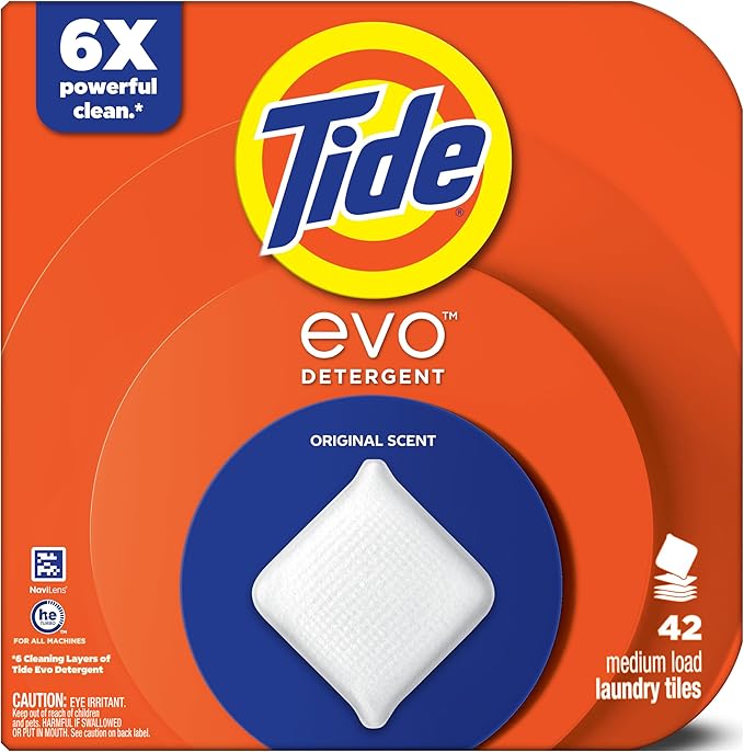 Tide evo Original Scent Laundry Detergent Fiber Tiles Works on 100% of Common Stains Safe for All Machines and Water Conditions Concentrated HE Compatible Clean and Instant Dissolve, 42 Count