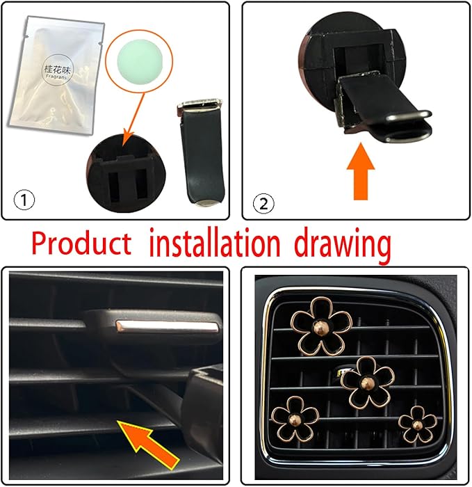 Daisy Air Vent Clips, 4 Pcs Cute Flower Car Air Conditioning Outlet Clip Car Air Freshener Clip Charm Car Inter Decor Accessories for Women (Black)