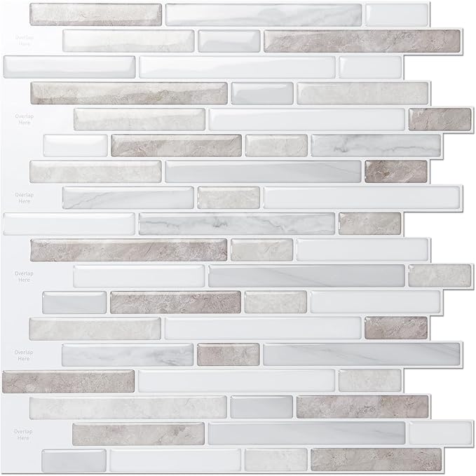 LONGKING 10 Sheet Marble Peel and Stick Backsplash for Kitchen,Self-Adhesive Tile Backsplash for Kitchen, Bathroom, 12in x 12in, (Beige & White)
