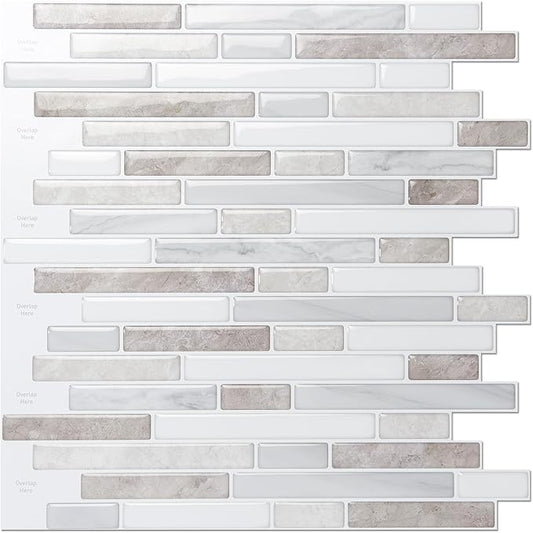 LONGKING 10 Sheet Marble Peel and Stick Backsplash for Kitchen,Self-Adhesive Tile Backsplash for Kitchen, Bathroom, 12in x 12in, (Beige & White)