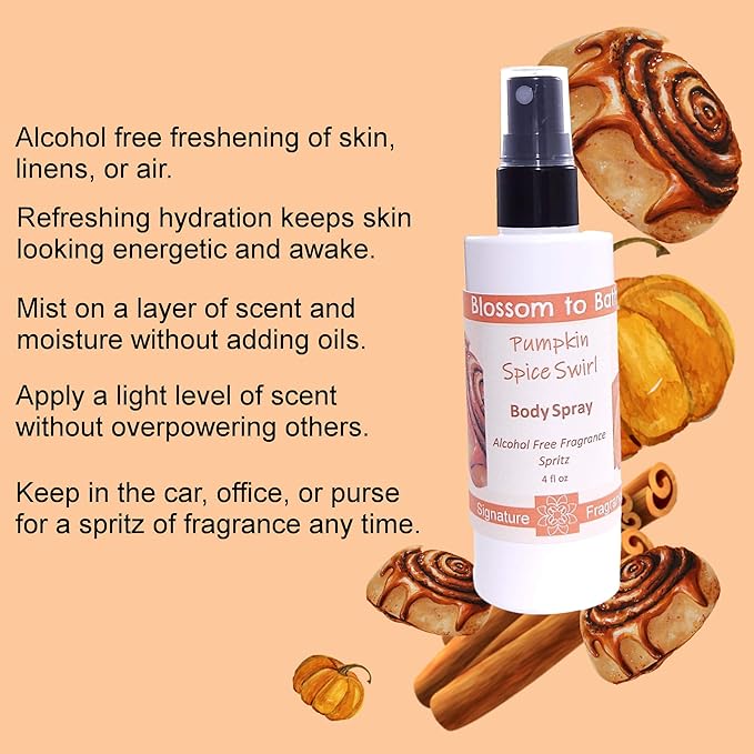 Blossom to Bath Pumpkin Spice Swirl Body Spray (4 Ounce) - Phthalate Free Fragrance - Energizes Skin with a Warm Spicy Vanilla Scent
