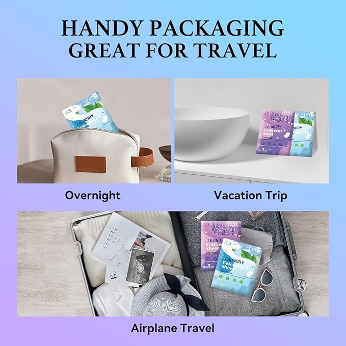 YUCO Travel Pack Laundry Detergent Sheets 2 Pack of 5 Sheet for Overnight Week Travel, Envelope Pouch Carry Everywhere, for Clothing Deep Clean Grament Freshen, Hypoallergenic, Fresh and Lavender