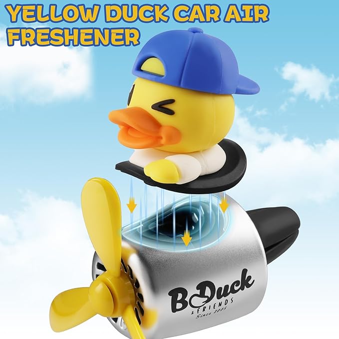Car Air Freshener Yellow Duck Pilot Car Diffuser Rotating Propeller Automotive Auto Vehicle Air Outlet Fan Creative Car Perfume Fragrance Decoration Comes with 4 Fragrant Tablets