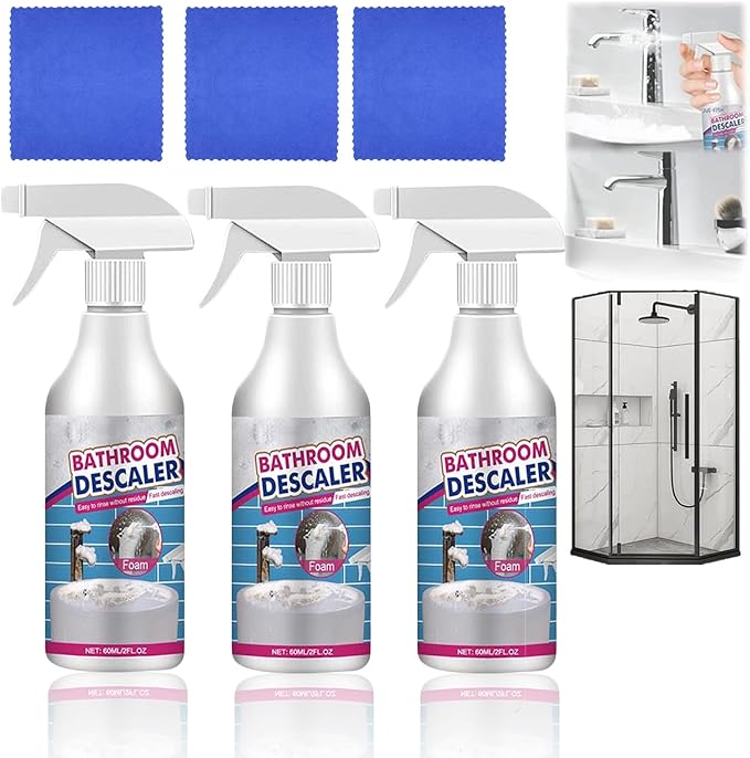 Bathroom Descaler Foam Cleaner Spray - Powerful Stain & Limescale Remover, All-Purpose No-Scrub Bubble Foam for Shower Glass, Sink, Toilet, Bathtub Tile Faucet Cleaning (3)
