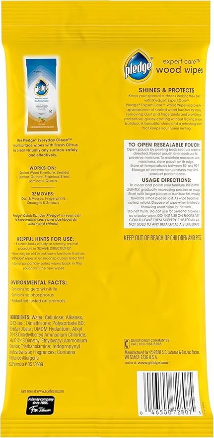 Pledge Expert Care Enhancing Wood Wipes, Lemon Scent (Pack of 6, 144 Total Count), Yellow