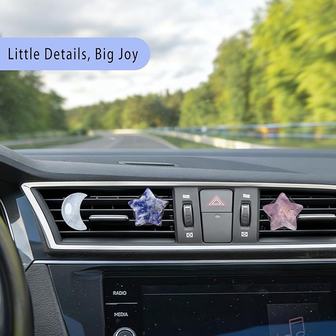 Moon Stars Car Decor,Boho Air Vent Clips,Refillable Car Fresheners,3pcs Natural Crystal Stone Hippie Dashboard Decorations Accessories,Best Wishes for Lover and Friend (Blue & Purple)