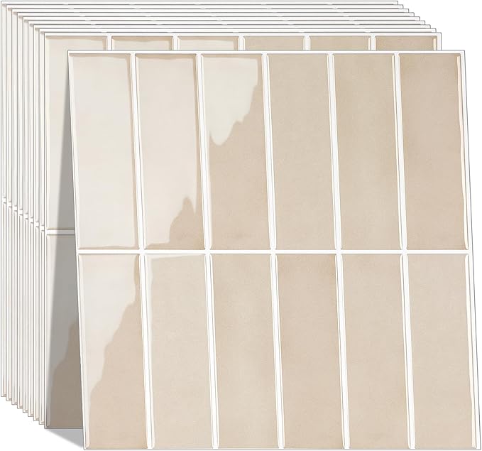 Peel and Stick Tile，New Upgrade Thicker Design Self Adhesive 12" x 12" Large Premium Peel and Stick Backsplash for Kitchen (Beige).