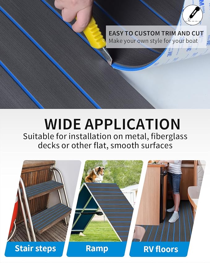 OCEANBROAD EVA Foam Boat Flooring with 3M Adhesive Backing Marine Self-Adhesive Decking 96''x45.6''/36''/28.8''/16.8'', 48''x16.8'' Faux Teak Sheet for Jon Boats Swim Platform Helm Pad RV Floor
