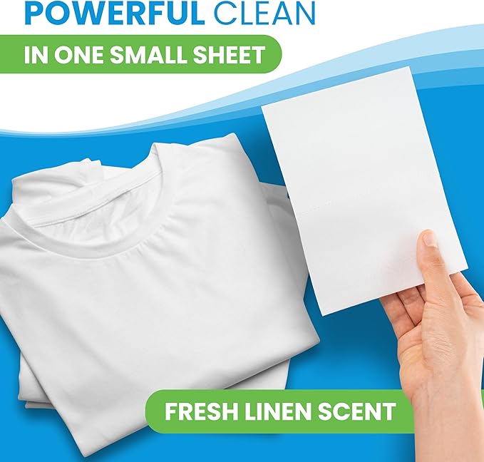 Laundry Detergent Sheets (100 Loads, 50 Sheet) Fresh Linen Scent, Eco Earth Friendly Clean Breeze, Non Toxic People Safe, Washing Travel Supplies, Liquidless Pod Home Soap Washer
