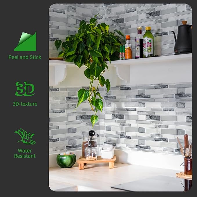 LONGKING Self-Adhesive Kitchen Backsplash, Marble Look Decorative Tiles (10 Tiles)