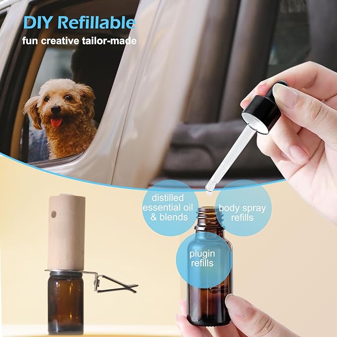 Refillable Car Essential Oil Diffuser with Lemon Oil (10ml), 30 Days’ Vent Clip Air Freshener Commuter Aromatherapy Non-toxic Strong Natural Fragrance Odor-fighting Fresh Scent for Women Men (1 Set)