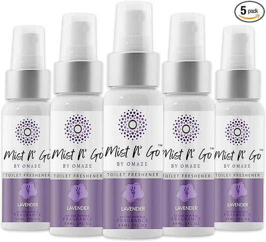 Mist N??Go by Omaze Travel Bathroom Spray for Toilet Spray Odor Eliminator - Travel Toilet Spray for Bathroom Air Freshener Spray for Bathroom Deodorizer - Lavender Regular Size (2oz x5)