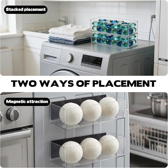 Rainmae 2 Pcs Magnetic Dryer Ball Holder Set Laundry Pods Dryer Sheets Storage Baskets for Laundry Room Organization Wall Mounted Magnetic Dryer Ball Container Basket for Storage and Home Organization