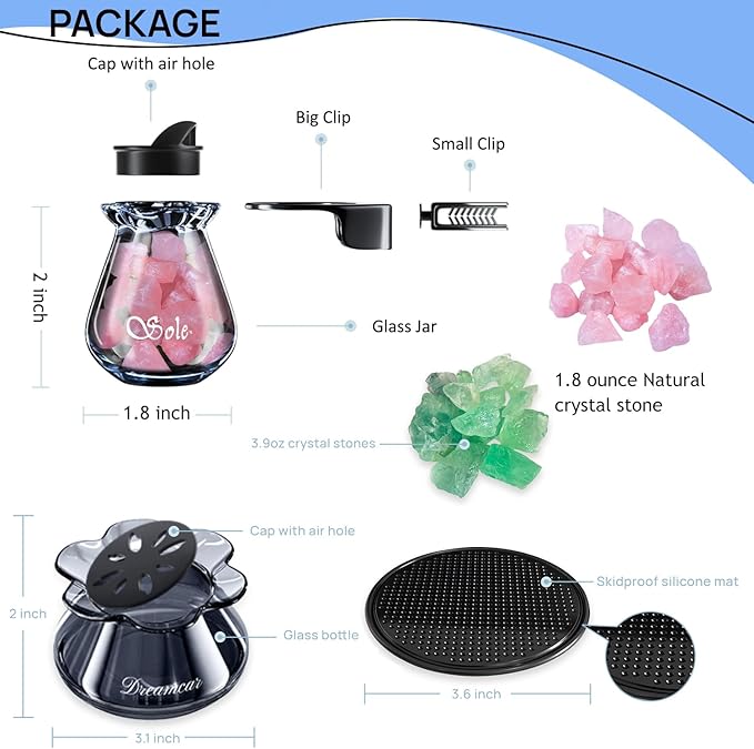 Car Diffuser Glass Bottles with Crystals Natural Stone for Spreading Essential Oils,Blue Lotus Design Glass jar as air freshener Vent Clip,car Vent Decor Accessories (Green + Purple)
