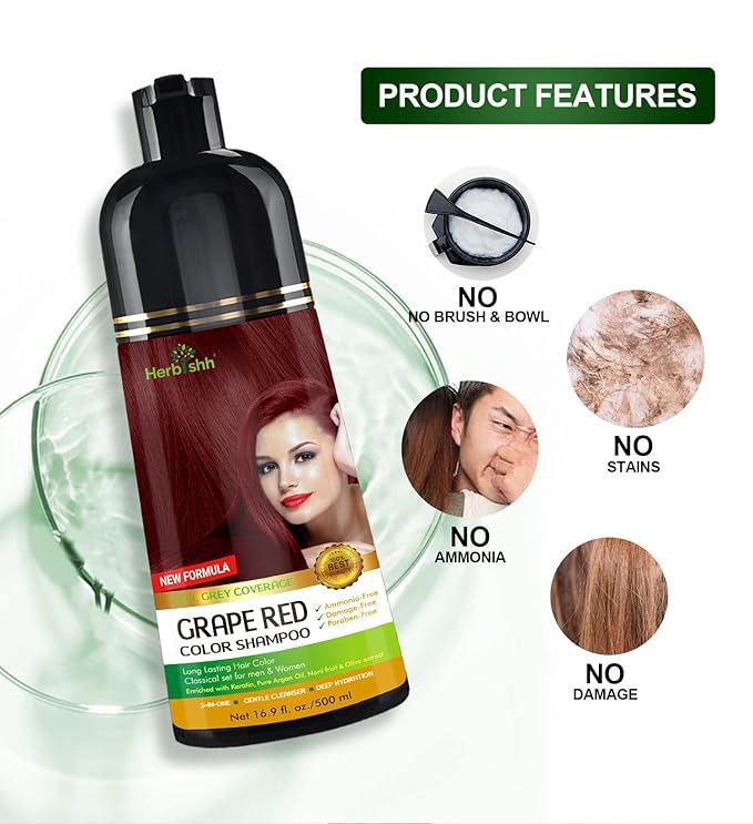 Herbishh Hair Color Shampoo for Gray Hair Grape Red 500 ML + Hair Color Stain Remover Wipes- Travel Pack With 5 Wipes