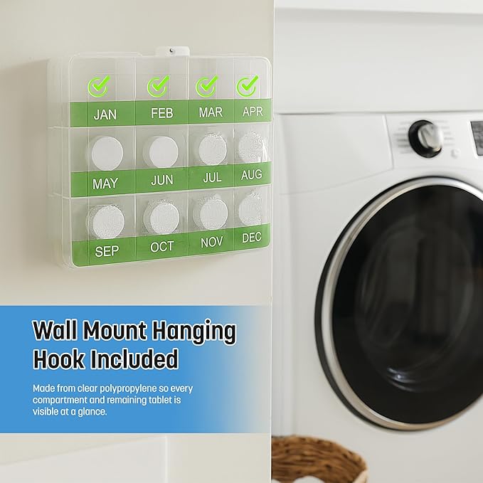 Monthly Reminder Organizer for Cleaning Tablets, 12 Labeled Compartments for Washing Machine, Dishwasher, Drain Disposal and Coffee Machine Cleaner Pods Holder