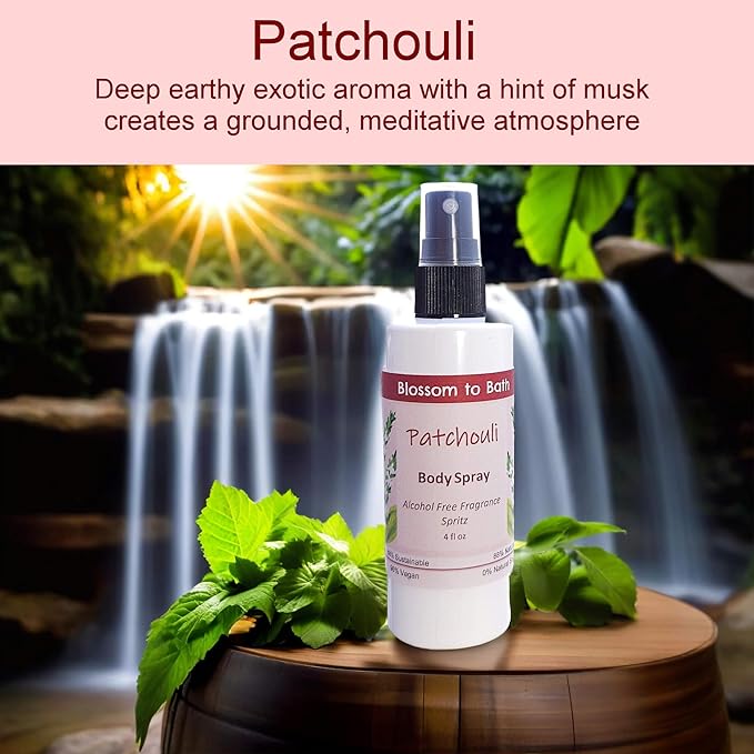 Blossom to Bath Patchouli Body Spray (4 Ounce) - Pure Essential Oil Fragrance - Energizes Skin with a Woodsy Exotic Scent