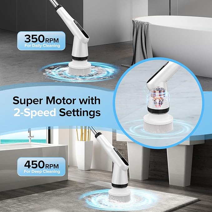 Electric Spin Scrubber, Dreazu IPX7 Shower Scrubber with 7 Replaceable Brush Heads & Retractable Handle, 2-Speed Adjustable Shower Cleaner for Bathroom,Toilet, Bathtub, Kitchen, Tile Floors