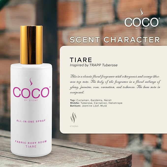 COCO by Stone 5oz All-in-One Spray (Tiare) Shake & Spray Formula for Fabric, Pillows, Interiors, Clothing, Home Fragrance Accessories, Room Perfume, Room Deodorizer, Vegan & Cruelty-Free