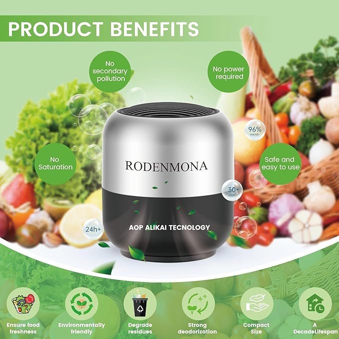 Ultra-Powerful Refrigerator Deodorizer, AOP Alkali Technology, Multi-Level O2 Filtering, 10 Year Lasting Odor Eliminator, More Effective Than Baking Soda Bamboo Air Purifying Bags