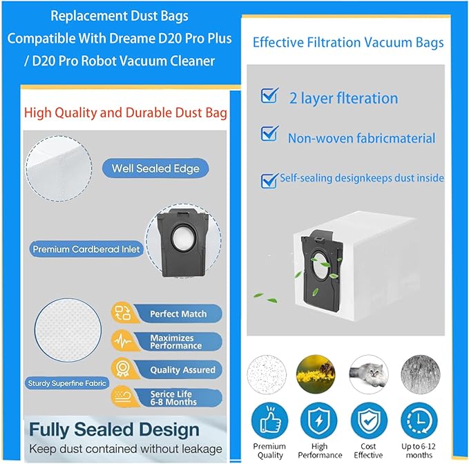 Replacement Dust Bags Compatible With Dreame D20 Plus / D20 Pro Plus/mova e40 ultra Robot Vacuum Cleaner, 10Pack Spare Parts Accessories