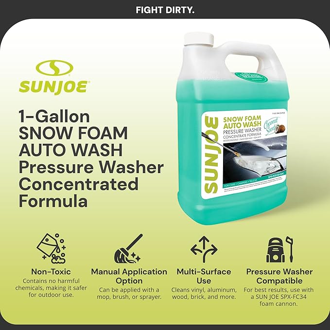 Sun Joe Snow Foam Car Wash Soap & Cleaner Concentrate, Coconut Scent, 1 Gallon - Cleaning Solution for Automotive Vehicles, Vinyl, Aluminum, Wood, & Brick Surfaces, SPX-FCS1G-COC