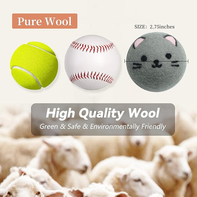 Dryer Balls Laundry Reusable - XL Wool Dryer Balls - Handmade Cute, Extra Large Dryer Balls, Shorten Drying Time, Organic Wool - Dry 1000+ Loads (Gray Cat)