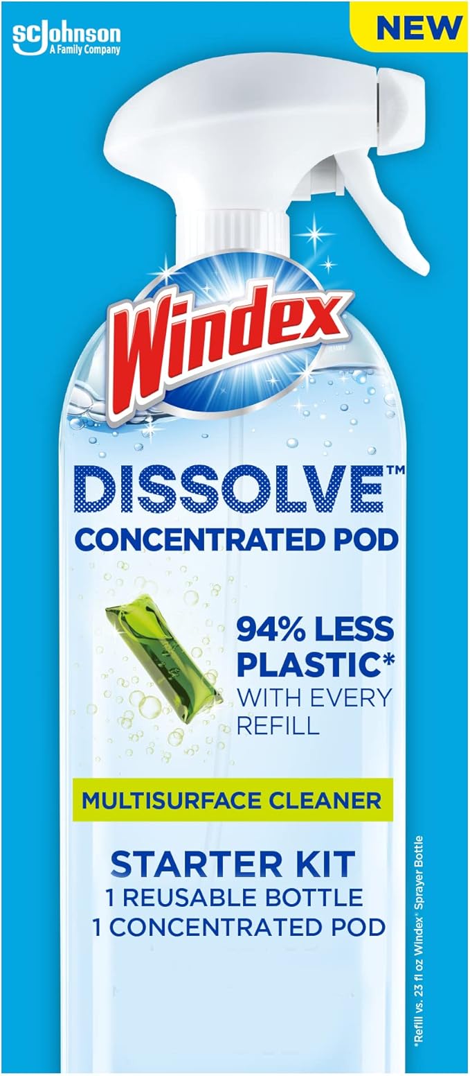 Windex Dissolve Concentrated Pods, Multisurface Cleaner Starter Kit contains 1 Reusable Bottle, 1 Concentrated Dissolvable Pod