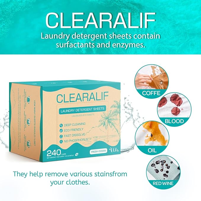 CLEARALIF Laundry Detergent Sheets Up to 240 Loads, FRESH OCEAN - Great For Travel,Apartments, Dorms,Laundry Detergent Strips Eco Friendly & Hypoallergenic