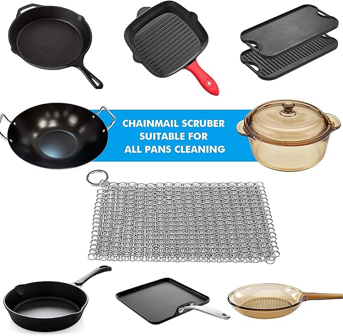Scrubber Chainmail - Cleaner for Cast Iron Stainless Steel Anodized Cookware Scraper Cleaning Dutch Ovens Scourer for All Types of Skillet Griddles Cast Iron Pans Pots Grills & Dutch Ovens By Krisp