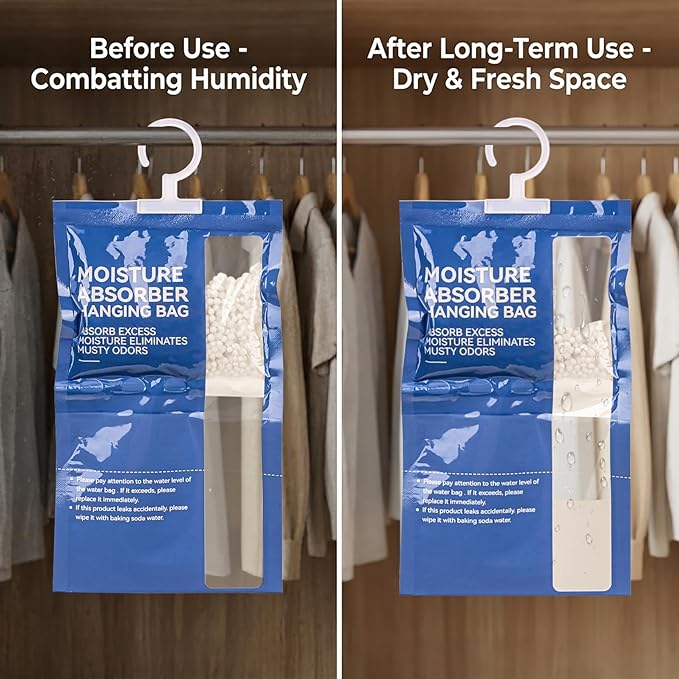 Dehumidifier Bags Hanging Moisture Absorbers - 4 Packs Dehumidifiers for Home Closet Bathroom Basement, Hanging Bag Desiccant Packs for Bedroom RV Camper, Odor Absorber Household Essentials