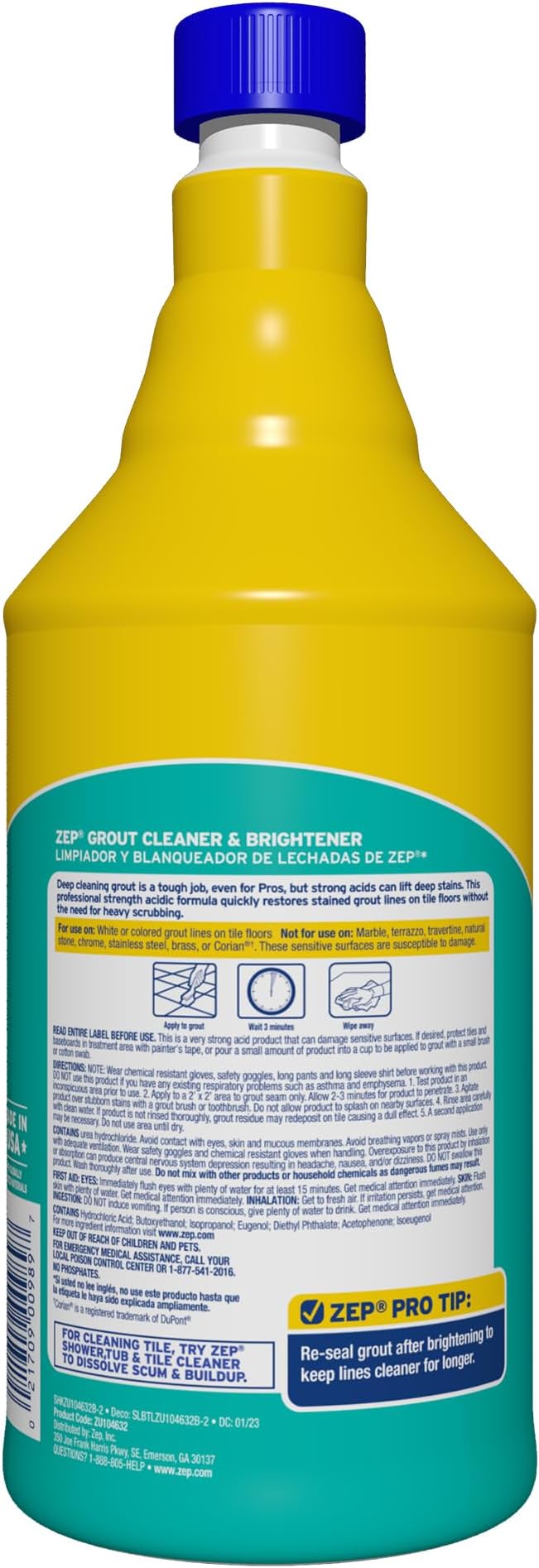 Zep Industrial Grout Cleaner and Brightener - 32 oz (Pack of 4) ZU104632 - Deep Cleaning Pro Formula
