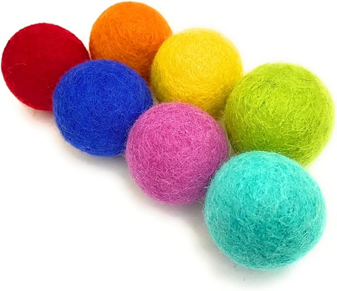 Rainbow Large Felt Balls | Montessori Wool Pom Poms for Baby, Crafts, Cats, Essential Oils, Felting & Garland | 7 ROYGBIV Colors | 4 CM (1.75-2") Jumbo Size | Muslin Storage Bag