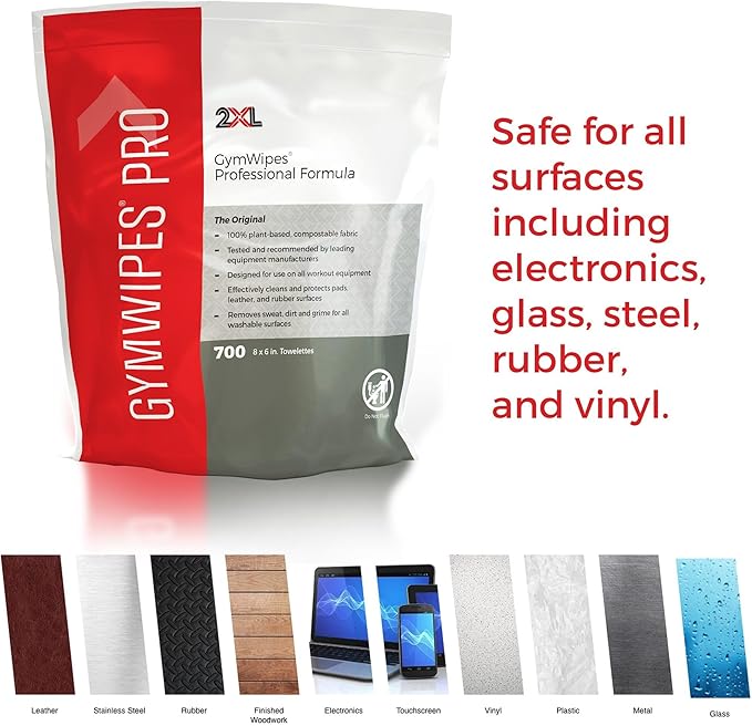 2XL GymWipes Professional Towelettes Bucket Refill – Plant-Based Compostable Fabric – Large Low-Residue Wipes for Multi-Surface Use