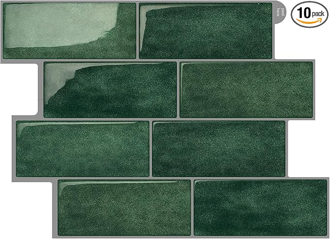 Subway Backsplash Tile Peel and Stick, Forest Green Self Adhesive Tiles for Kitchen, 10 Sheets Stick on Backsplash for Kitchen and Bathroom (11.56x8.38)