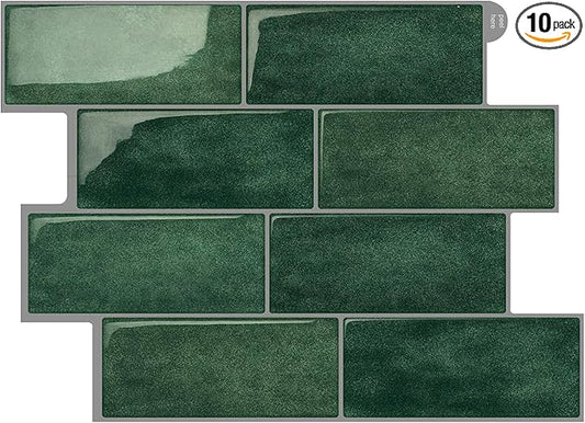 Subway Backsplash Tile Peel and Stick, Forest Green Self Adhesive Tiles for Kitchen, 10 Sheets Stick on Backsplash for Kitchen and Bathroom (11.56x8.38)